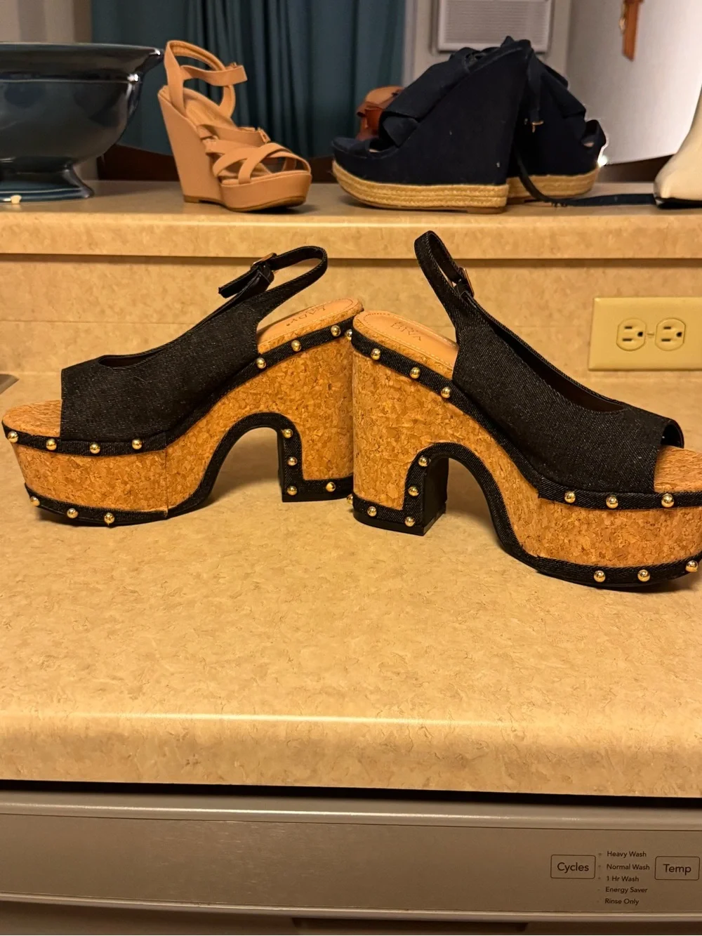 Black Canvas Cork heel Platform Slingback Heels with Stud Detail